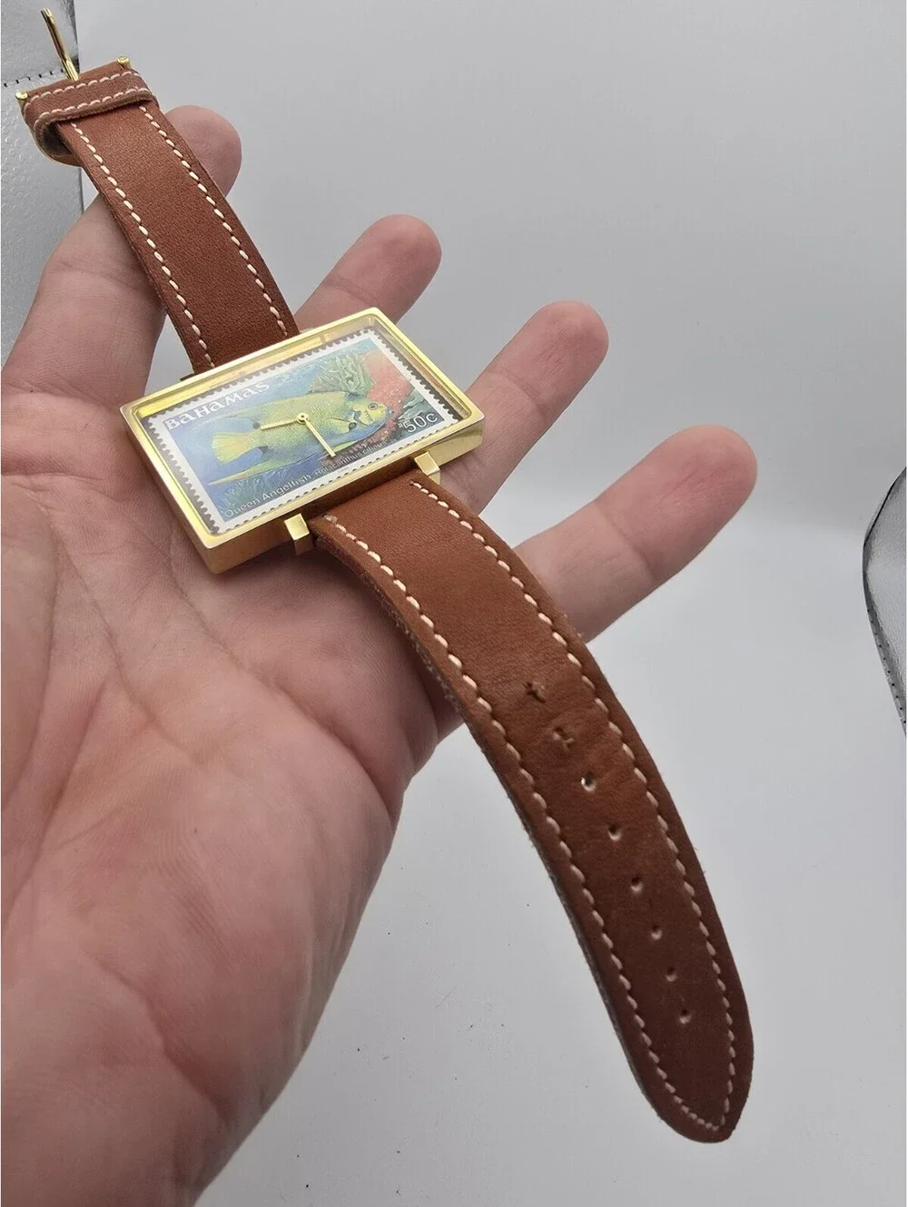 Renato 0690 Quartz Analog Rectangle Watch Stamp Fish Dial Brown Leather Strap